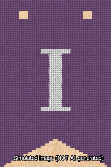 A simulated image of the stitched needlepoint design: Banner 13m Forked I White on Purple. Not A.I. generated.