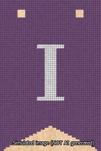 A simulated image of the stitched needlepoint design: Banner 13m Forked I White on Purple. Not A.I. generated.
