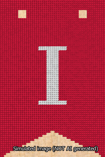A simulated image of the stitched needlepoint design: Banner 13m Forked I White on Red. Not A.I. generated.