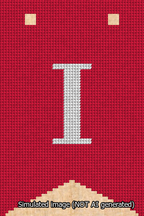 A simulated image of the stitched needlepoint design: Banner 13m Forked I White on Red. Not A.I. generated.