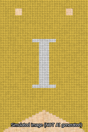A simulated image of the stitched needlepoint design: Banner 13m Forked I White on Yellow. Not A.I. generated.