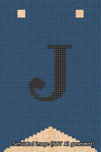 A simulated image of the stitched needlepoint design: Banner 13m Forked J Black on Blue. Not A.I. generated.