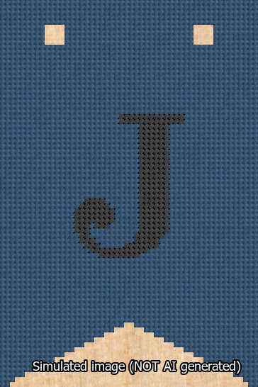 A simulated image of the stitched needlepoint design: Banner 13m Forked J Black on Blue. Not A.I. generated.