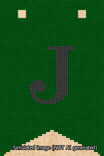 A simulated image of the stitched needlepoint design: Banner 13m Forked J Black on Green. Not A.I. generated.