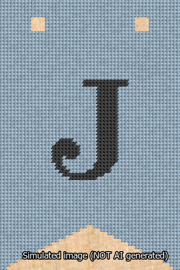 A simulated image of the stitched needlepoint design: Banner 13m Forked J Black on Light Blue. Not A.I. generated.