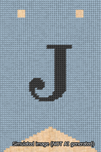 A simulated image of the stitched needlepoint design: Banner 13m Forked J Black on Light Blue. Not A.I. generated.