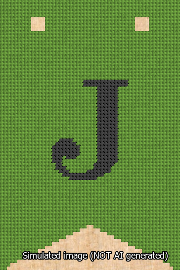 A simulated image of the stitched needlepoint design: Banner 13m Forked J Black on Light Green. Not A.I. generated.