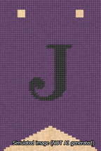 A simulated image of the stitched needlepoint design: Banner 13m Forked J Black on Purple. Not A.I. generated.