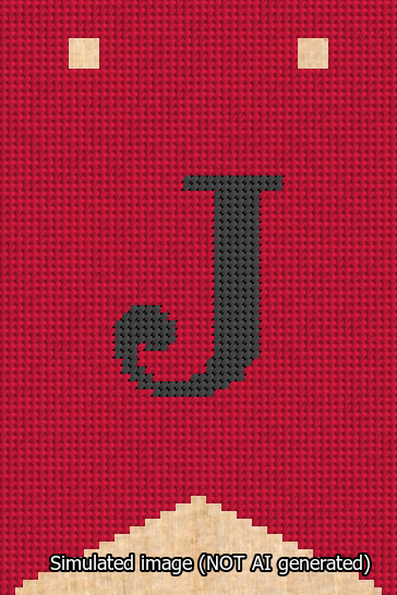 A simulated image of the stitched needlepoint design: Banner 13m Forked J Black on Red. Not A.I. generated.