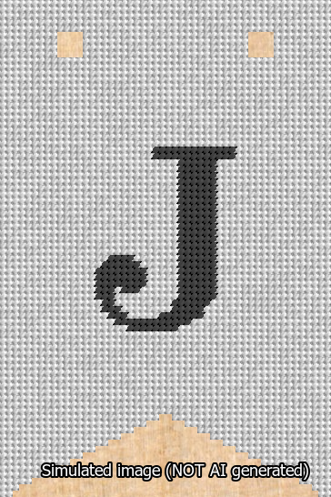 A simulated image of the stitched needlepoint design: Banner 13m Forked J Black on White. Not A.I. generated.