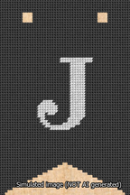 A simulated image of the stitched needlepoint design: Banner 13m Forked J White on Black. Not A.I. generated.
