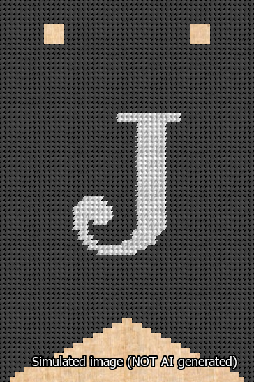 A simulated image of the stitched needlepoint design: Banner 13m Forked J White on Black. Not A.I. generated.