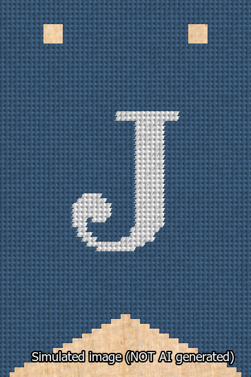 A simulated image of the stitched needlepoint design: Banner 13m Forked J White on Blue. Not A.I. generated.