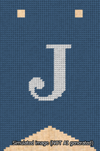 A simulated image of the stitched needlepoint design: Banner 13m Forked J White on Blue. Not A.I. generated.