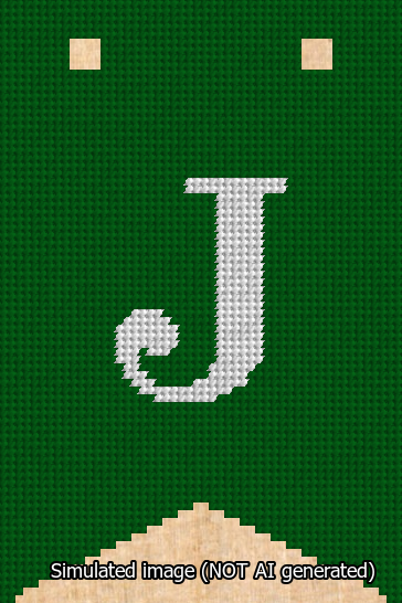 A simulated image of the stitched needlepoint design: Banner 13m Forked J White on Green. Not A.I. generated.
