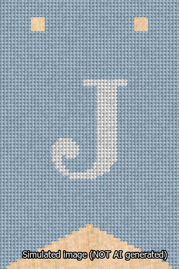 A simulated image of the stitched needlepoint design: Banner 13m Forked J White on Light Blue. Not A.I. generated.