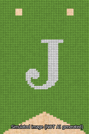 A simulated image of the stitched needlepoint design: Banner 13m Forked J White on Light Green. Not A.I. generated.