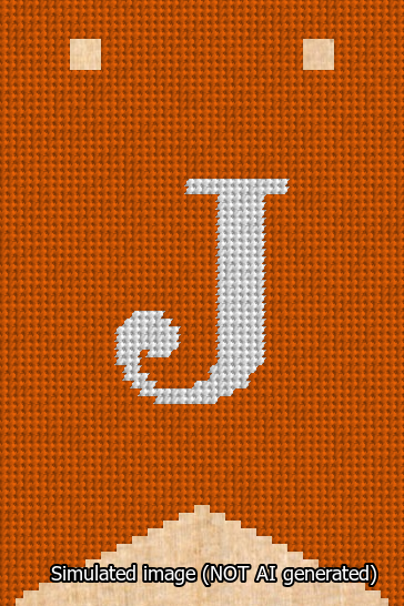 A simulated image of the stitched needlepoint design: Banner 13m Forked J White on Orange. Not A.I. generated.