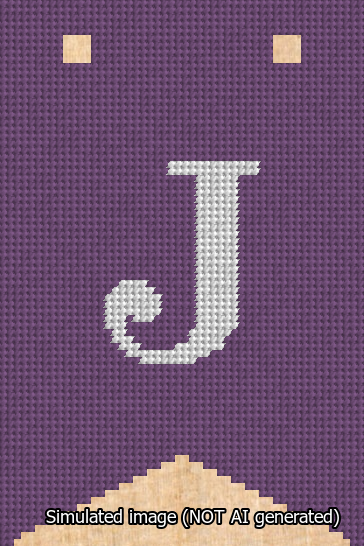 A simulated image of the stitched needlepoint design: Banner 13m Forked J White on Purple. Not A.I. generated.