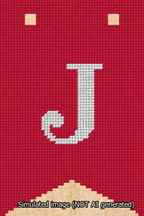 A simulated image of the stitched needlepoint design: Banner 13m Forked J White on Red. Not A.I. generated.
