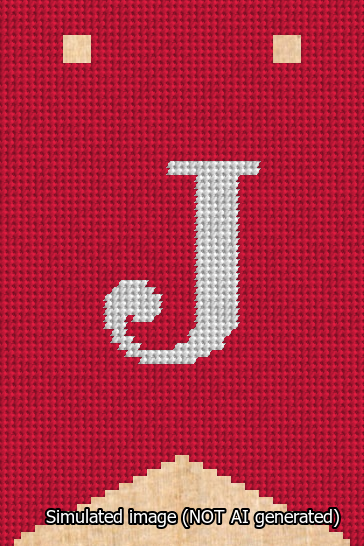 A simulated image of the stitched needlepoint design: Banner 13m Forked J White on Red. Not A.I. generated.