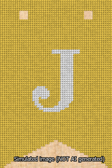 A simulated image of the stitched needlepoint design: Banner 13m Forked J White on Yellow. Not A.I. generated.