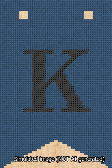 A simulated image of the stitched needlepoint design: Banner 13m Forked K Black on Blue. Not A.I. generated.