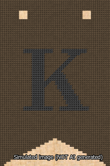 A simulated image of the stitched needlepoint design: Banner 13m Forked K Black on Brown. Not A.I. generated.