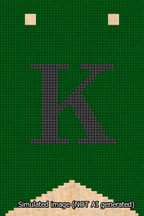 A simulated image of the stitched needlepoint design: Banner 13m Forked K Black on Green. Not A.I. generated.