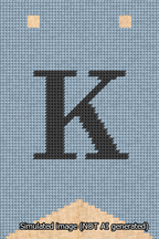 A simulated image of the stitched needlepoint design: Banner 13m Forked K Black on Light Blue. Not A.I. generated.