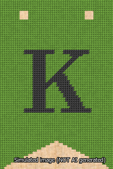 A simulated image of the stitched needlepoint design: Banner 13m Forked K Black on Light Green. Not A.I. generated.