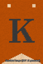 A simulated image of the stitched needlepoint design: Banner 13m Forked K Black on Orange. Not A.I. generated.