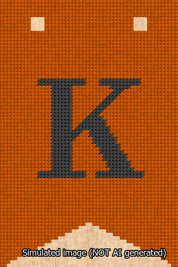 A simulated image of the stitched needlepoint design: Banner 13m Forked K Black on Orange. Not A.I. generated.