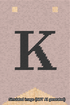 A simulated image of the stitched needlepoint design: Banner 13m Forked K Black on Pink. Not A.I. generated.