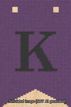 A simulated image of the stitched needlepoint design: Banner 13m Forked K Black on Purple. Not A.I. generated.