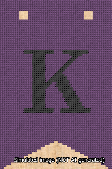 A simulated image of the stitched needlepoint design: Banner 13m Forked K Black on Purple. Not A.I. generated.