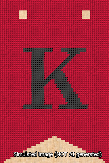 A simulated image of the stitched needlepoint design: Banner 13m Forked K Black on Red. Not A.I. generated.