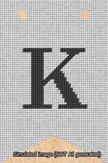 A simulated image of the stitched needlepoint design: Banner 13m Forked K Black on White. Not A.I. generated.