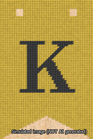 A simulated image of the stitched needlepoint design: Banner 13m Forked K Black on Yellow. Not A.I. generated.