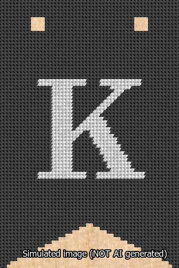 A simulated image of the stitched needlepoint design: Banner 13m Forked K White on Black. Not A.I. generated.