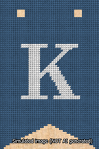 A simulated image of the stitched needlepoint design: Banner 13m Forked K White on Blue. Not A.I. generated.