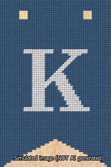A simulated image of the stitched needlepoint design: Banner 13m Forked K White on Blue. Not A.I. generated.