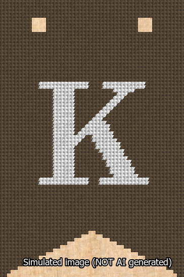 A simulated image of the stitched needlepoint design: Banner 13m Forked K White on Brown. Not A.I. generated.