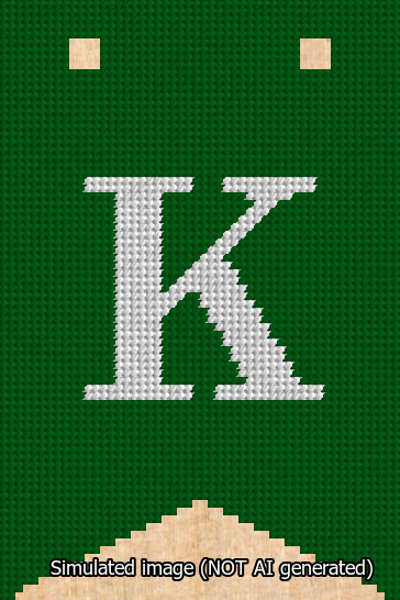 A simulated image of the stitched needlepoint design: Banner 13m Forked K White on Green. Not A.I. generated.