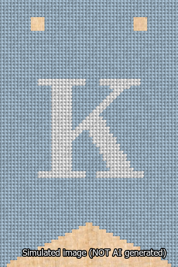 A simulated image of the stitched needlepoint design: Banner 13m Forked K White on Light Blue. Not A.I. generated.