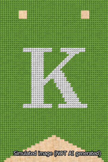 A simulated image of the stitched needlepoint design: Banner 13m Forked K White on Light Green. Not A.I. generated.