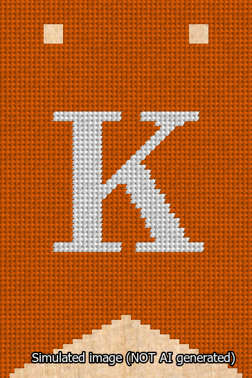 A simulated image of the stitched needlepoint design: Banner 13m Forked K White on Orange. Not A.I. generated.