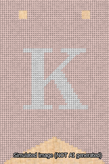A simulated image of the stitched needlepoint design: Banner 13m Forked K White on Pink. Not A.I. generated.