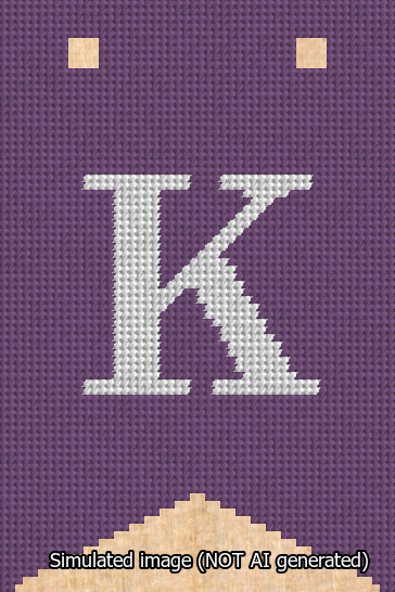 A simulated image of the stitched needlepoint design: Banner 13m Forked K White on Purple. Not A.I. generated.