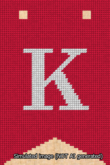 A simulated image of the stitched needlepoint design: Banner 13m Forked K White on Red. Not A.I. generated.